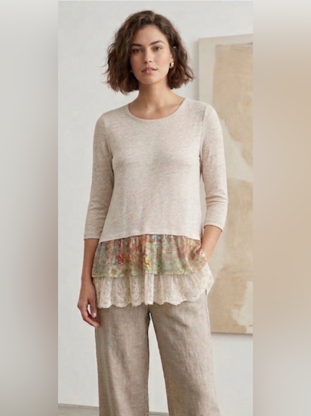 Múltiples women tunic top ruffle lace hem hippie boho strech size medium
